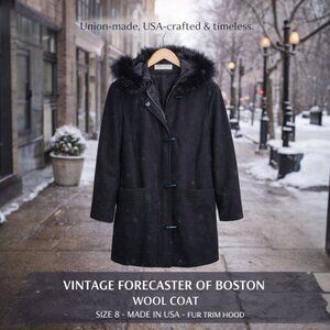 Vintage Forecaster of Boston Wool Coat Size 8 Hooded Fur Trim Made USA